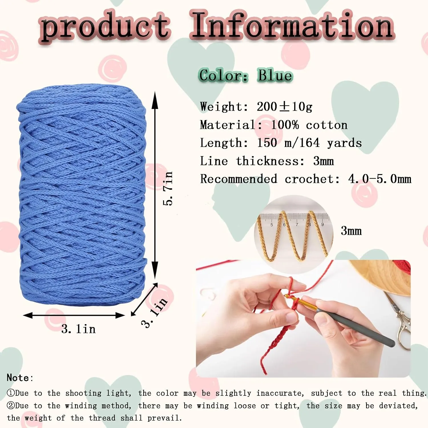 1 PCS 200g Blue 100% Cotton Yarn Hollow Knitted Crochet Yarn,164 Yards Fabric Yarn Round Rope Yarn for DIY Handbag Purse Basket Cushion Crochet Bag