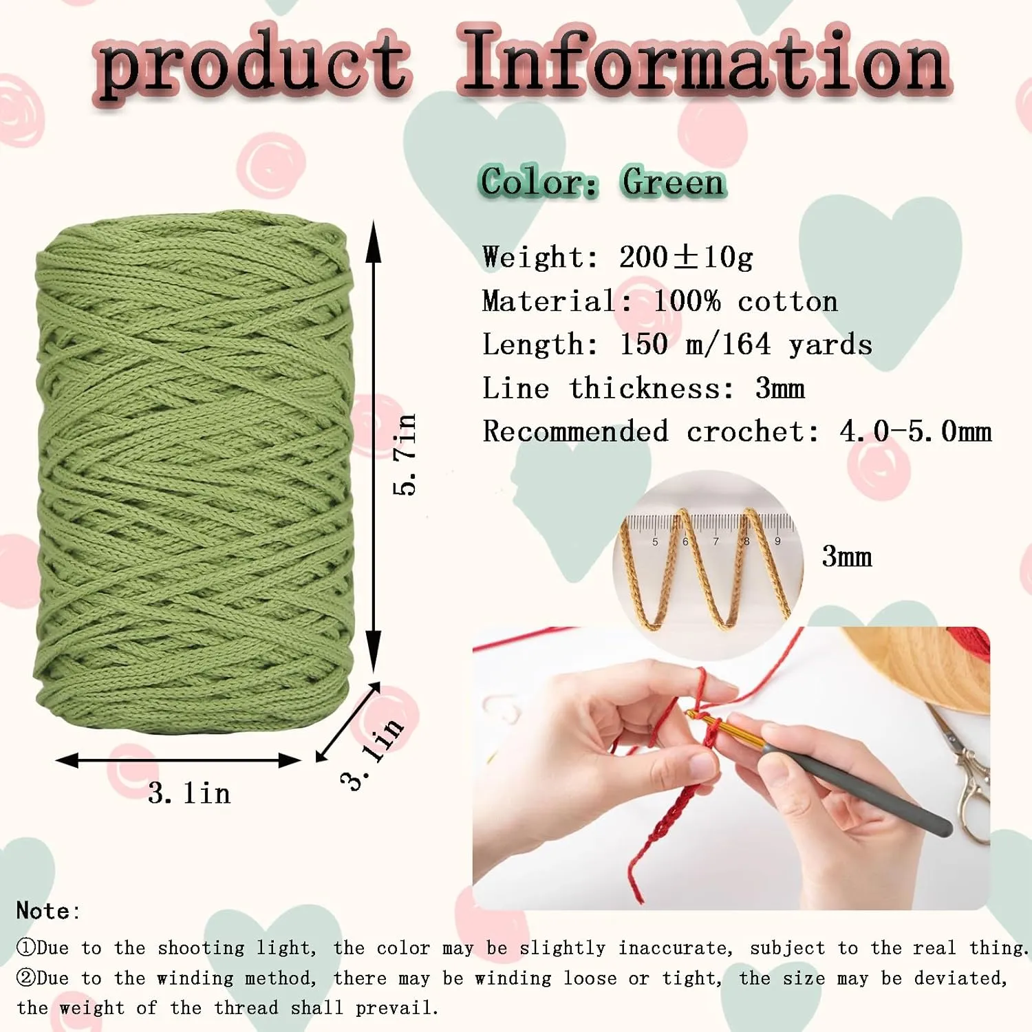 1 PCS 200g Green 100% Cotton Yarn Hollow Knitted Crochet Yarn,164 Yards Fabric Yarn Round Rope Yarn for DIY Handbag Purse Basket Cushion Crochet Bag