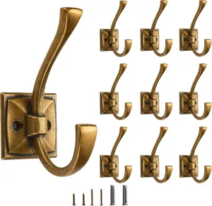 10 Pack Decorative Heavy Duty Towel Hooks for Hanging Robe Double Vintage Antique Brass Coat Hooks Wall Mounted with Screws for Key, Towel, Bags, Cup, Hat