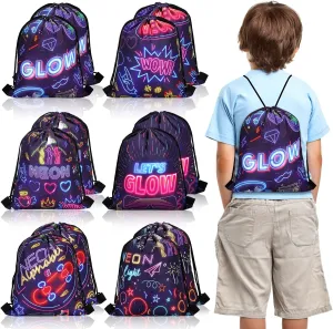 12 Pack Glow Neon Drawstring Bags - Neon Themed Candy Goodie Favor Bags for Glow in Dark Party, Easter, Birthday, Baby Shower Decoration Supplies