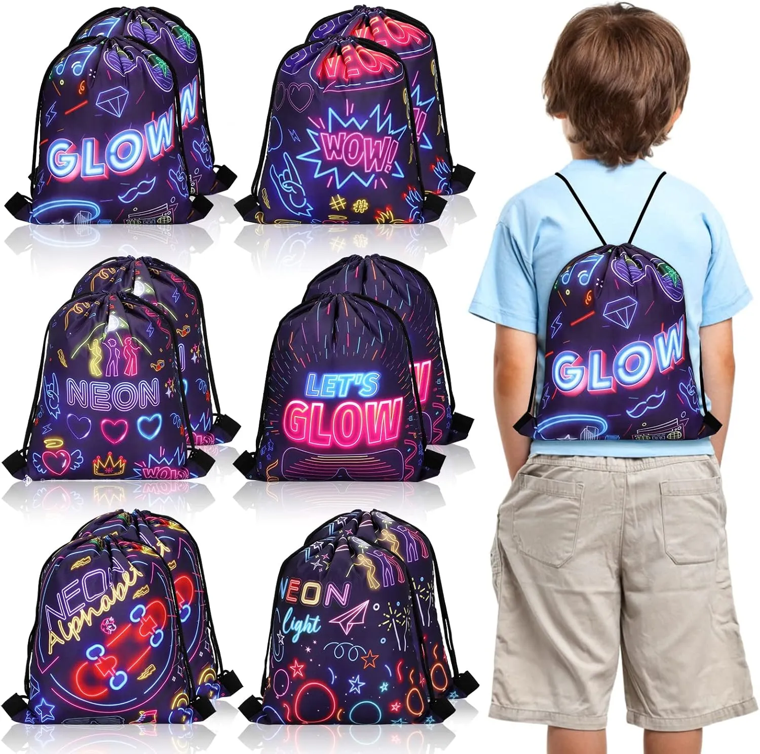 12 Pack Glow Neon Drawstring Bags - Neon Themed Candy Goodie Favor Bags for Glow in Dark Party, Easter, Birthday, Baby Shower Decoration Supplies