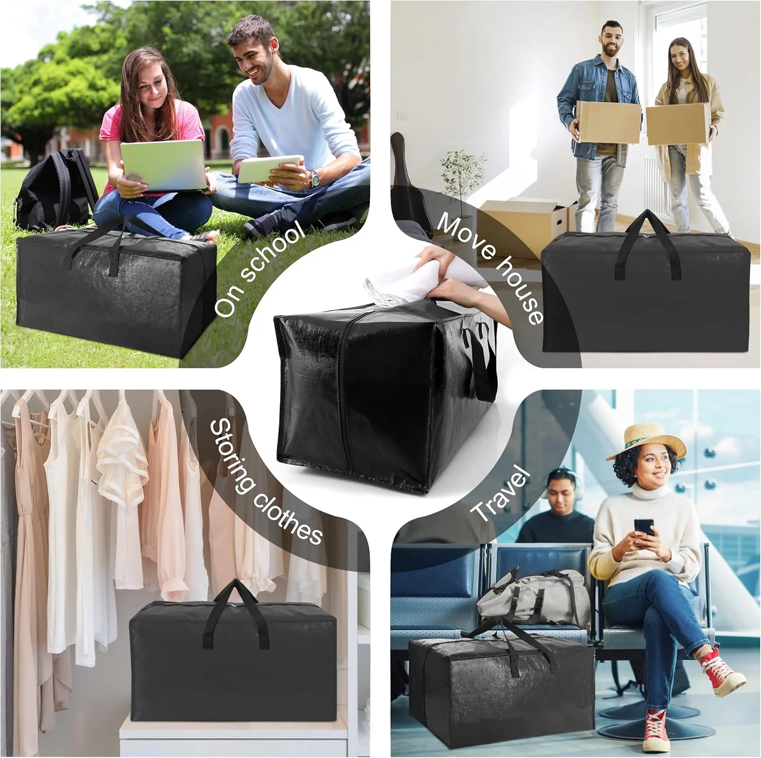 12 Pack Heavy Duty Large Moving Bags W/Backpack Straps - Strong Handles & Zippers, Storage Totes, Fold Flat, Alternative to Moving Box and Storage Bin, Semi-Transparent Blue Black