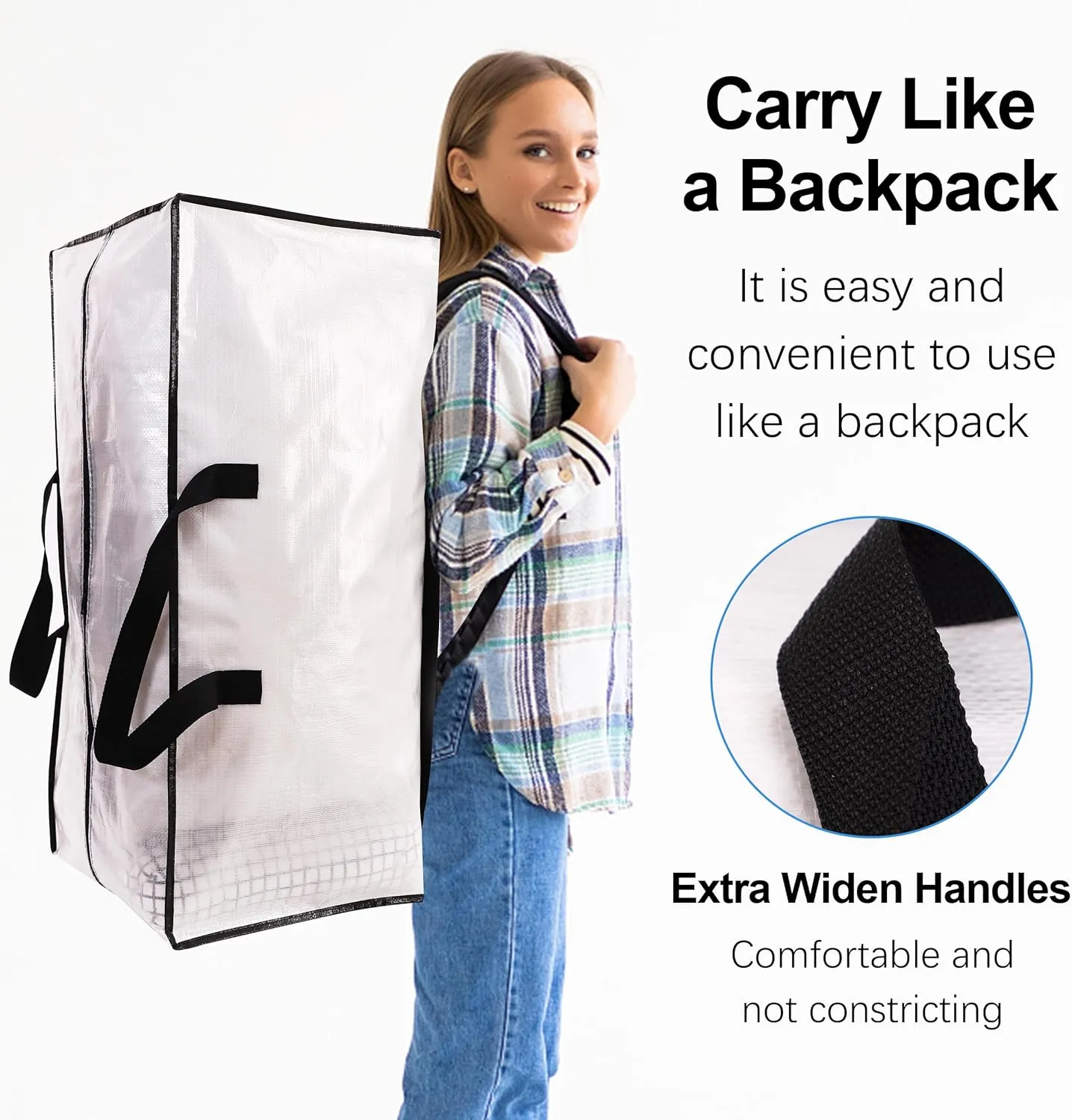 12 Pack Heavy Duty Large Moving Bags W/Backpack Straps - Strong Handles & Zippers, Storage Totes, Fold Flat, Alternative to Moving Box and Storage Bin, Semi-Transparent Blue Black