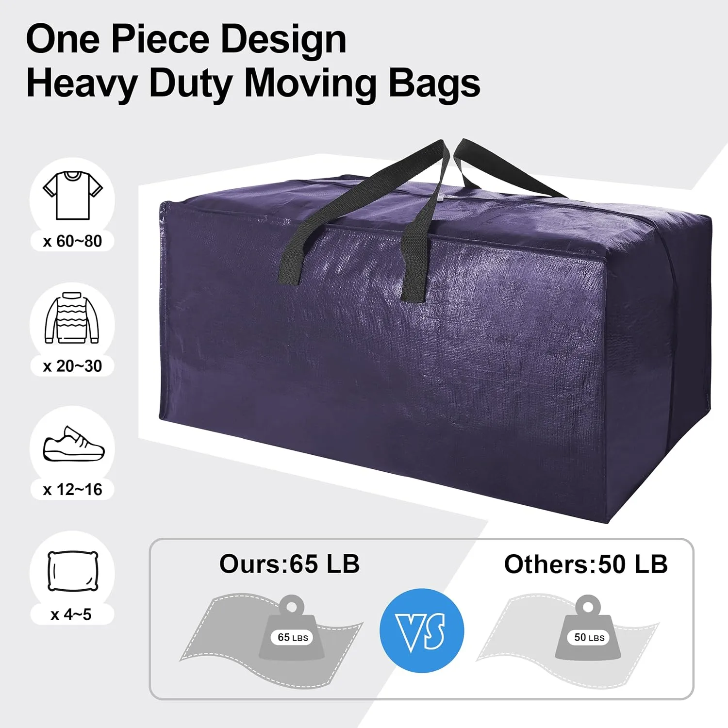 12 Pack Heavy Duty Large Moving Bags W/Backpack Straps - Strong Handles & Zippers, Storage Totes, Fold Flat, Alternative to Moving Box and Storage Bin, Semi-Transparent Blue Black