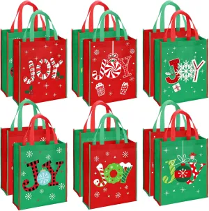 12 Pack Large Christmas Tote Bags with Handles 13.8'' x 11.8'' x 4.0'' Reusable Non Woven Christmas Joy Gift Bags Shopping Totes for Xmas Surprise Wrapping Shopping Xmas Party Supplies