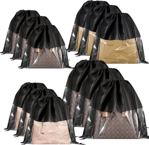 12 PCS Dust Bags for Handbags,Dustproof Drawstring Bags in 4 Size,Breathable Non Woven Fabric Purse Dust Bag,Storage Bags for Handbags Shoes Purses,Black