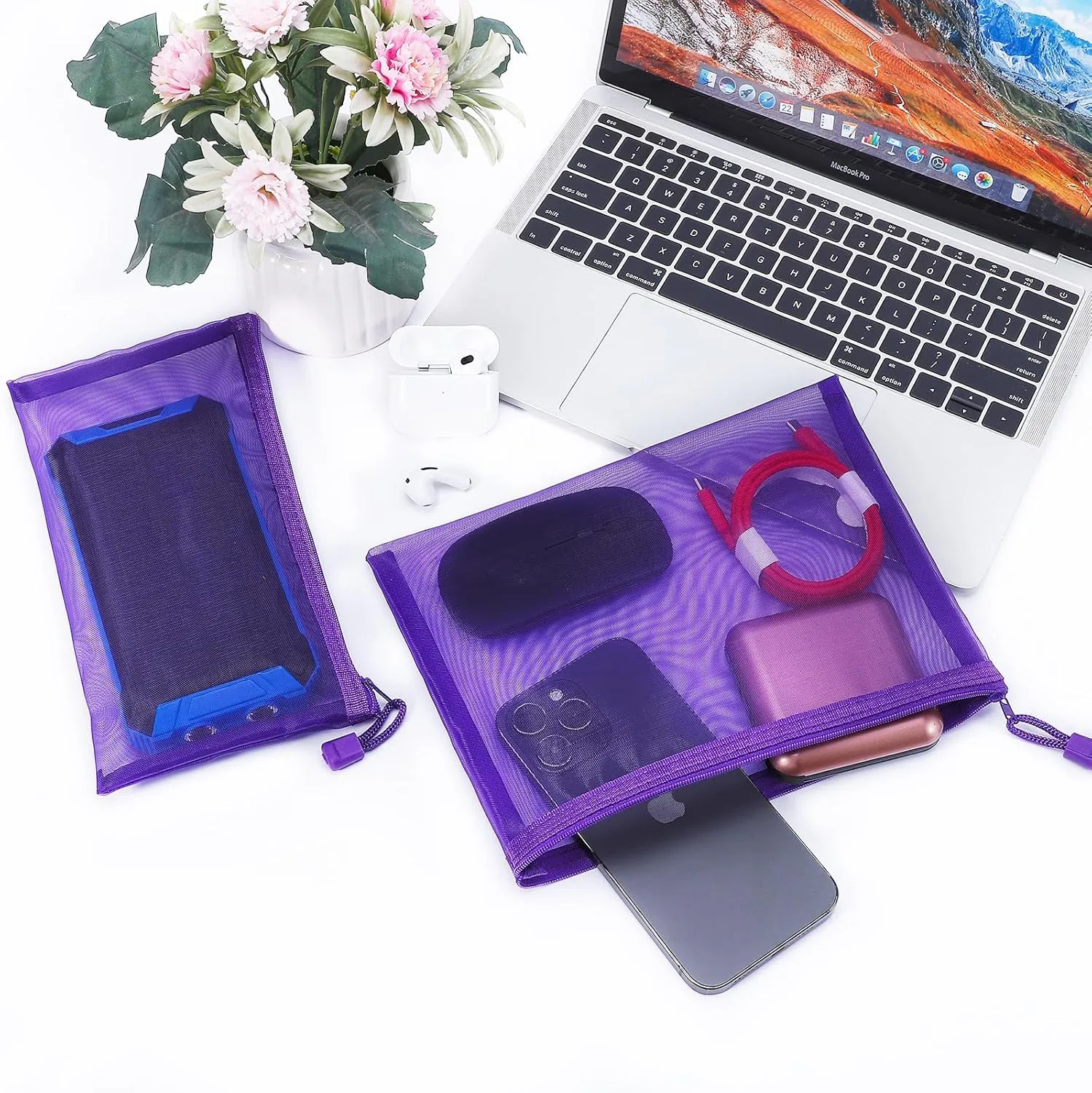 12 Pieces Zipper Nylon Mesh Pouch, Mesh Cosmetic Bags Makeup Bags Pencil Case, Multipurpose Travel Bags for Cosmetic School Office Supplies and Travel Accessories (Purple, A5)