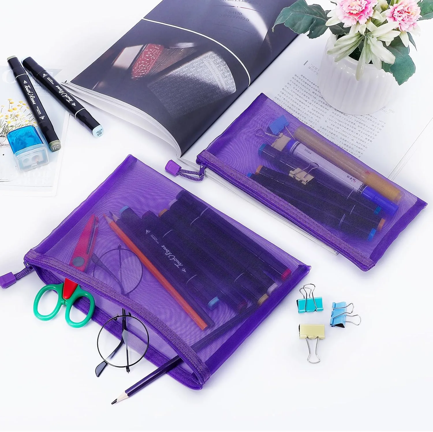 12 Pieces Zipper Nylon Mesh Pouch, Mesh Cosmetic Bags Makeup Bags Pencil Case, Multipurpose Travel Bags for Cosmetic School Office Supplies and Travel Accessories (Purple, A5)