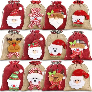 12Pcs Burlap Christmas Gift Bags with Drawstring, 5.5x7in 3D Doll Christmas Goody Gift Bags Small Xmas Candy Bags, Linen Treat Bags Christmas Gift Wrapping Bags Holiday Party Favors Decor Santa Sacks