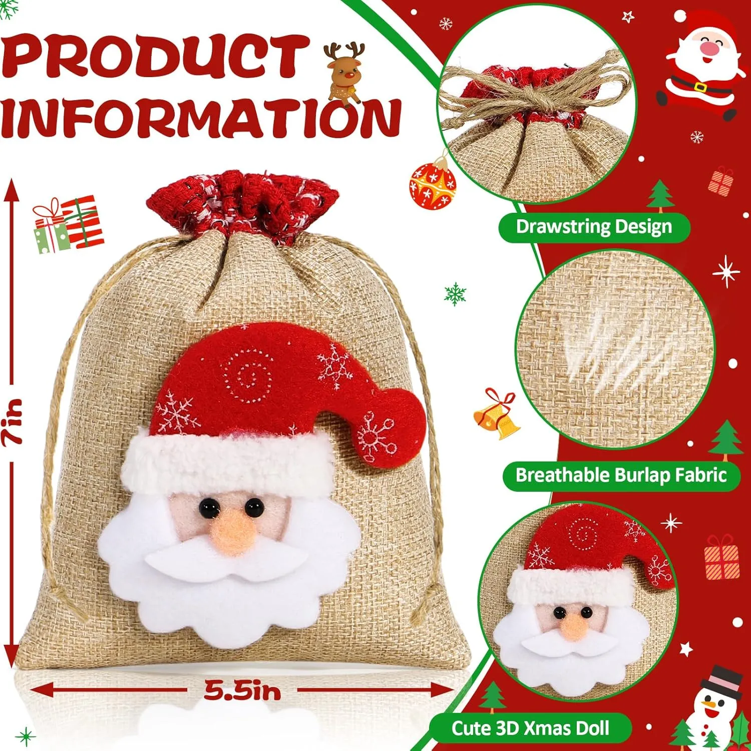 12Pcs Burlap Christmas Gift Bags with Drawstring, 5.5x7in 3D Doll Christmas Goody Gift Bags Small Xmas Candy Bags, Linen Treat Bags Christmas Gift Wrapping Bags Holiday Party Favors Decor Santa Sacks