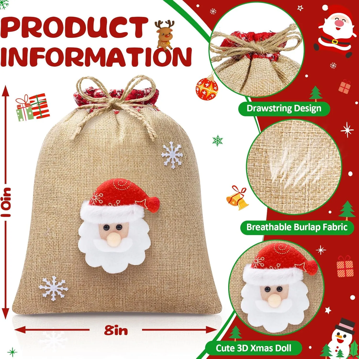 12Pcs Burlap Christmas Gift Bags with Drawstring, 8x10in 3D Doll Christmas Goody Gift Bags Small Xmas Candy Bags, Linen Treat Bags Christmas Gift Wrapping Bags Holiday Party Favors Decor Santa Sacks