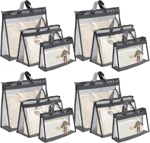 12pcs Dust Bags for Handbags,Clear Purse Storage Bags for Women,3 Size Purse Organizer Purse Cover Hanging Closet Organizer with Zipper-Gray