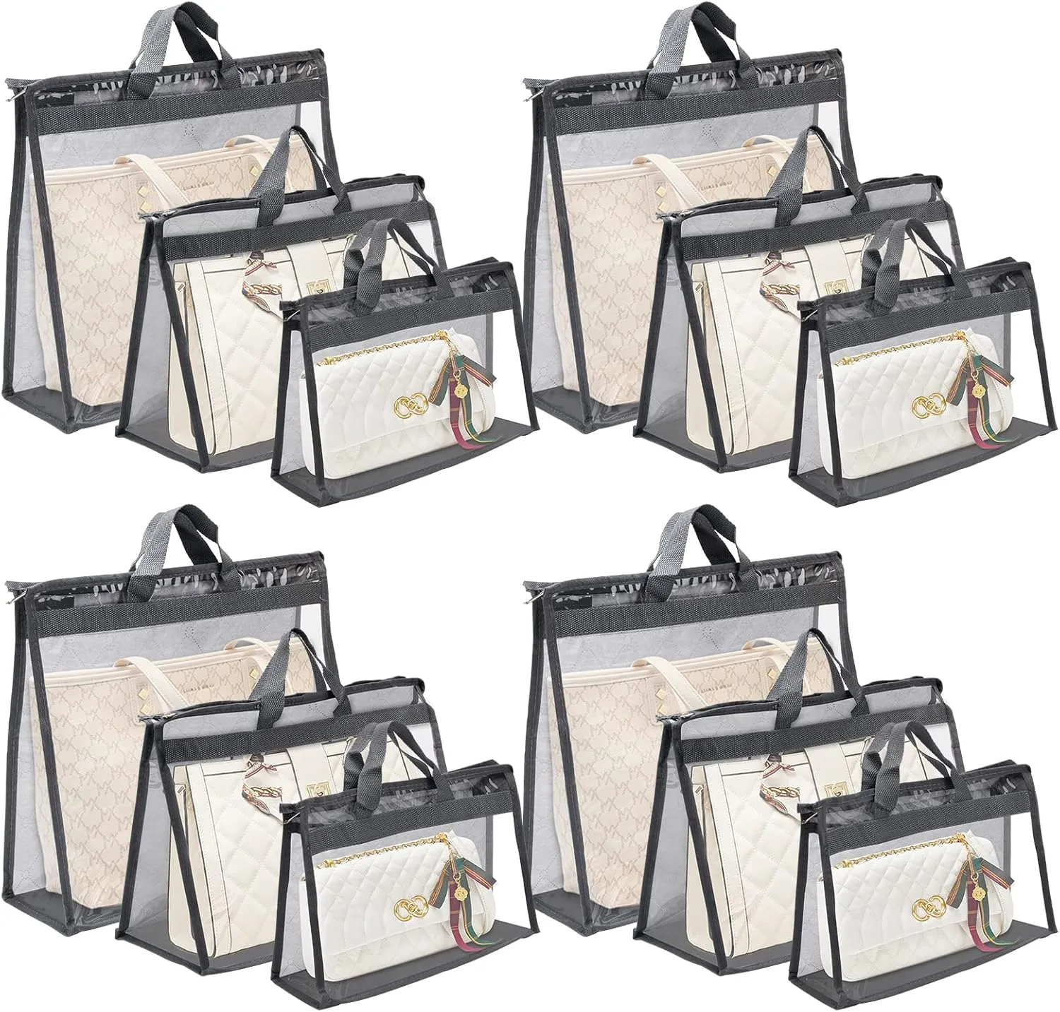 12pcs Dust Bags for Handbags,Clear Purse Storage Bags for Women,3 Size Purse Organizer Purse Cover Hanging Closet Organizer with Zipper-Gray