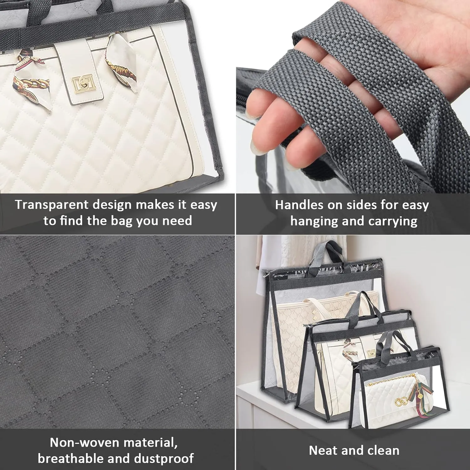 12pcs Dust Bags for Handbags,Clear Purse Storage Bags for Women,3 Size Purse Organizer Purse Cover Hanging Closet Organizer with Zipper-Gray