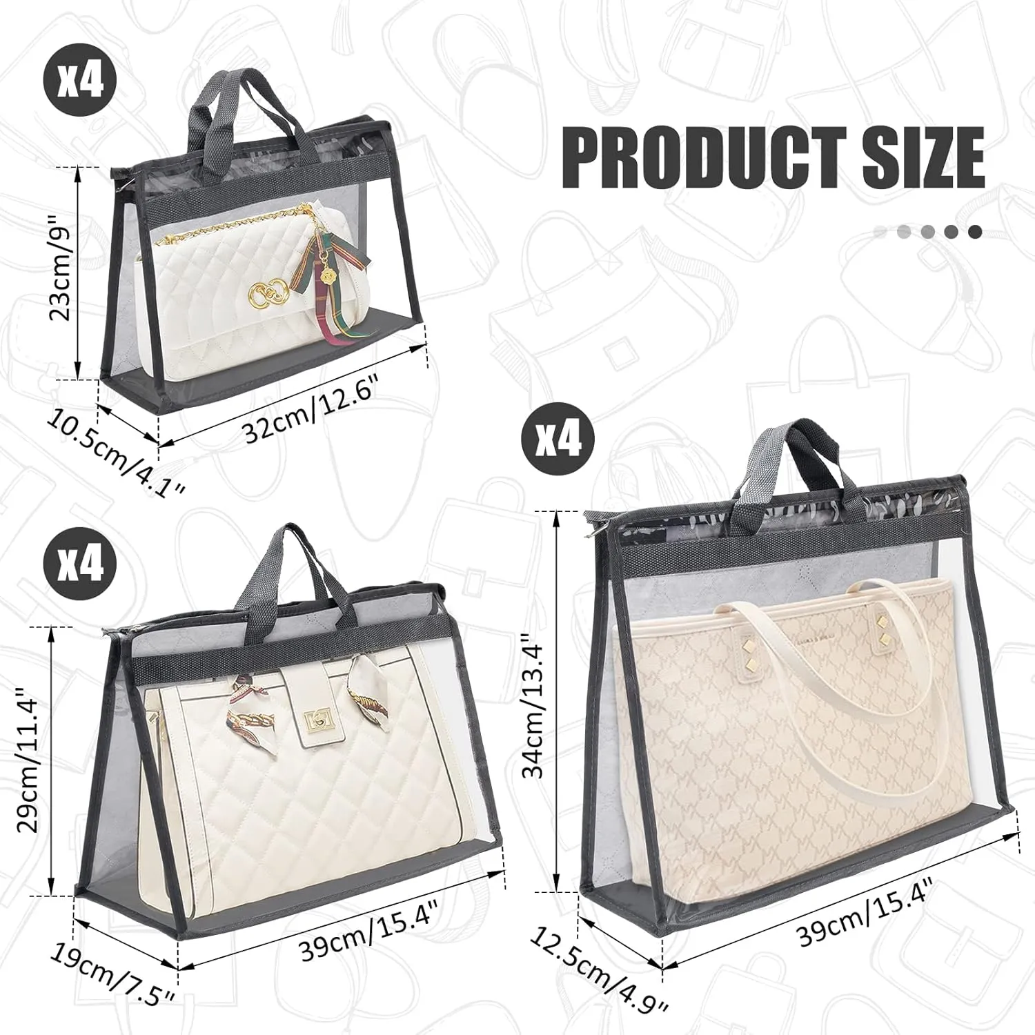12pcs Dust Bags for Handbags,Clear Purse Storage Bags for Women,3 Size Purse Organizer Purse Cover Hanging Closet Organizer with Zipper-Gray