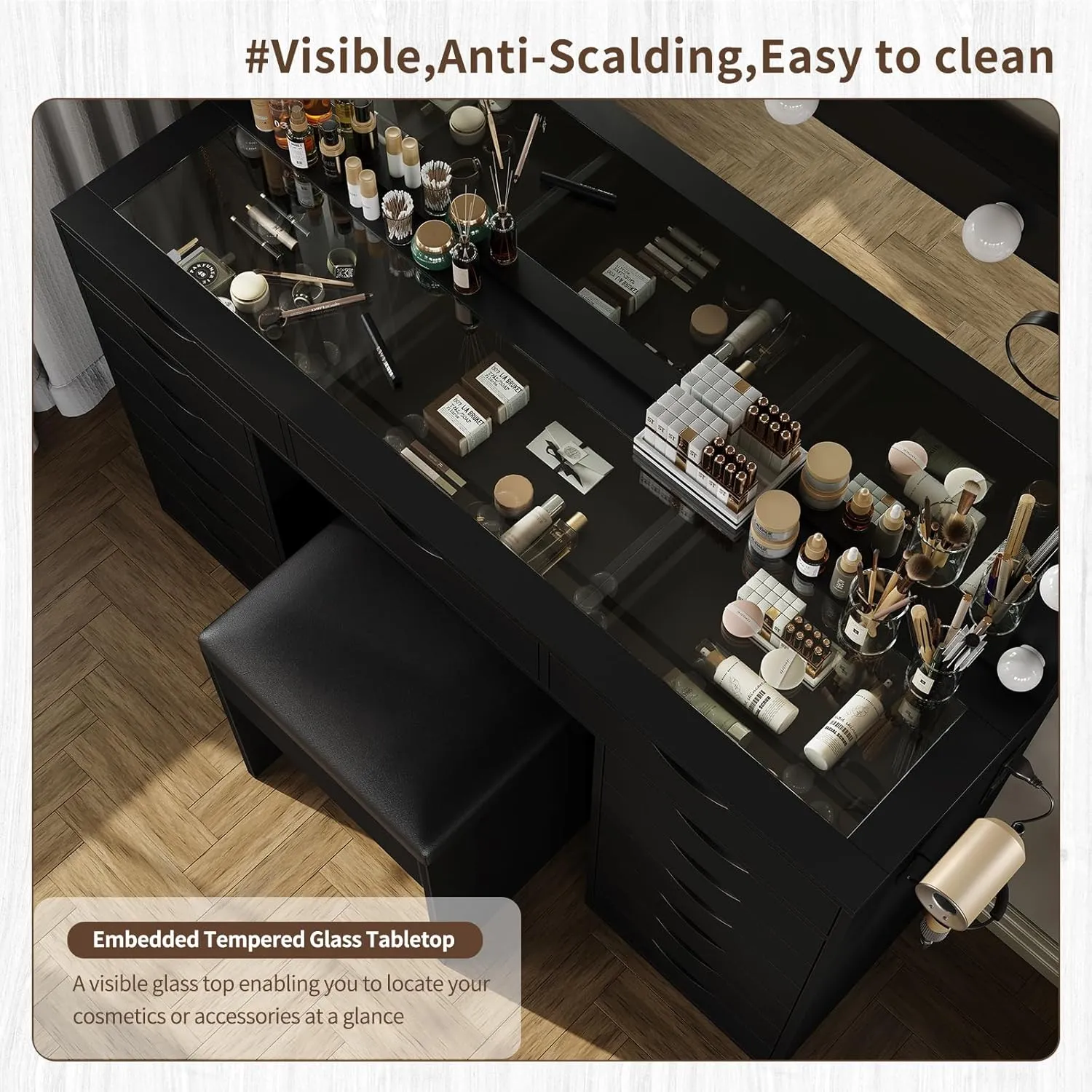 15 Drawers Vanity Desk with Power Outlet, Makeup Table with Mirror and 13 LED Lights, 3 Color Lighting Modes, Brightness Adjustable, Glass Top Dressing Table, Vanity Set for Bedroom, Black
