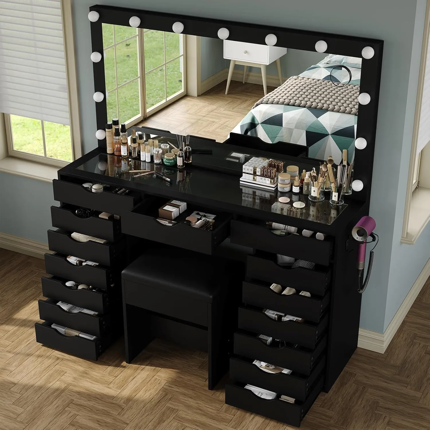 15 Drawers Vanity Desk with Power Outlet, Makeup Table with Mirror and 13 LED Lights, 3 Color Lighting Modes, Brightness Adjustable, Glass Top Dressing Table, Vanity Set for Bedroom, Black