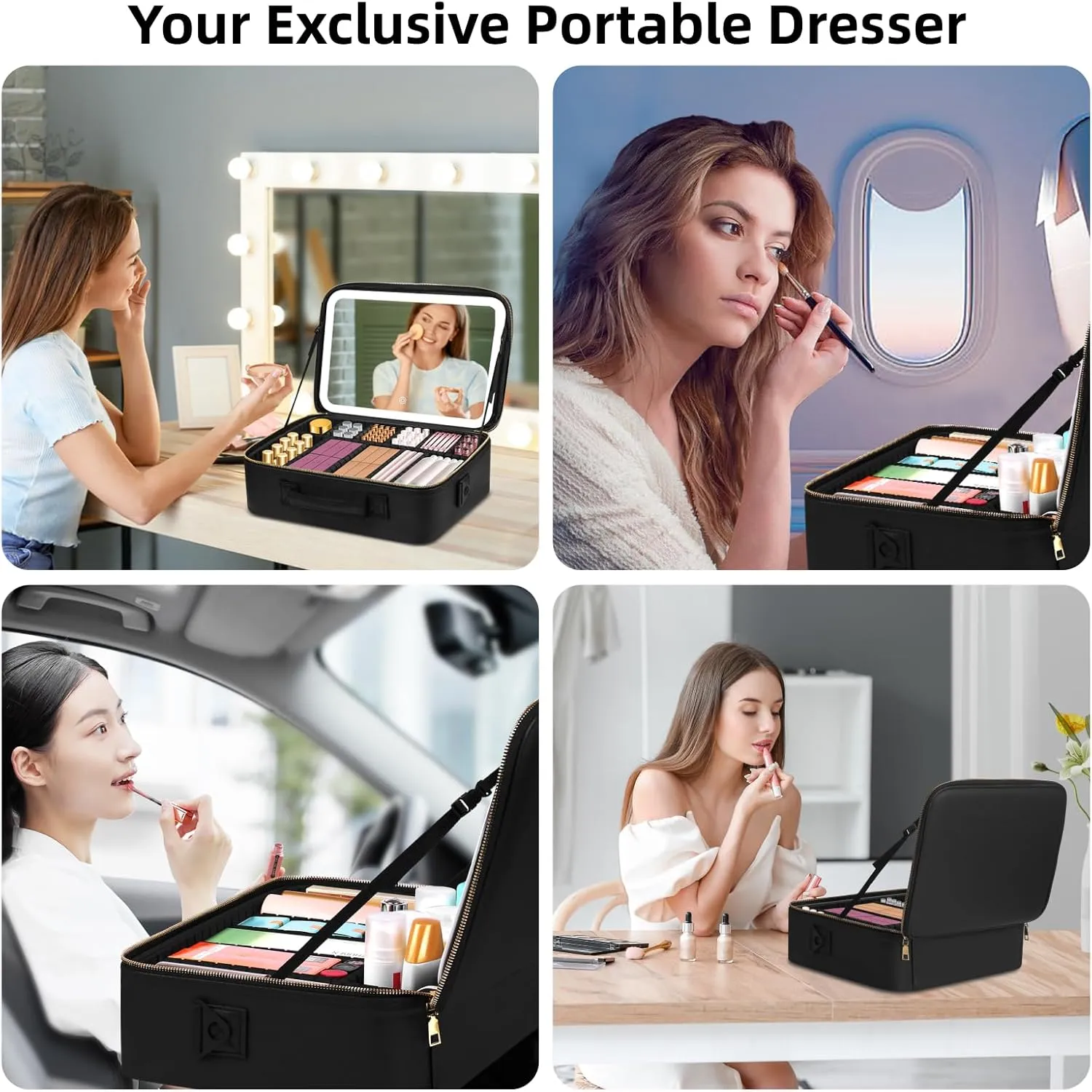 15“×11“Professional Makeup Train Case,Large Waterproof Travel Makeup bag with Mirror and Light, Leather Black Make up Bag with Mirror and Light,Led Makeup Case with Adjustable Dividers