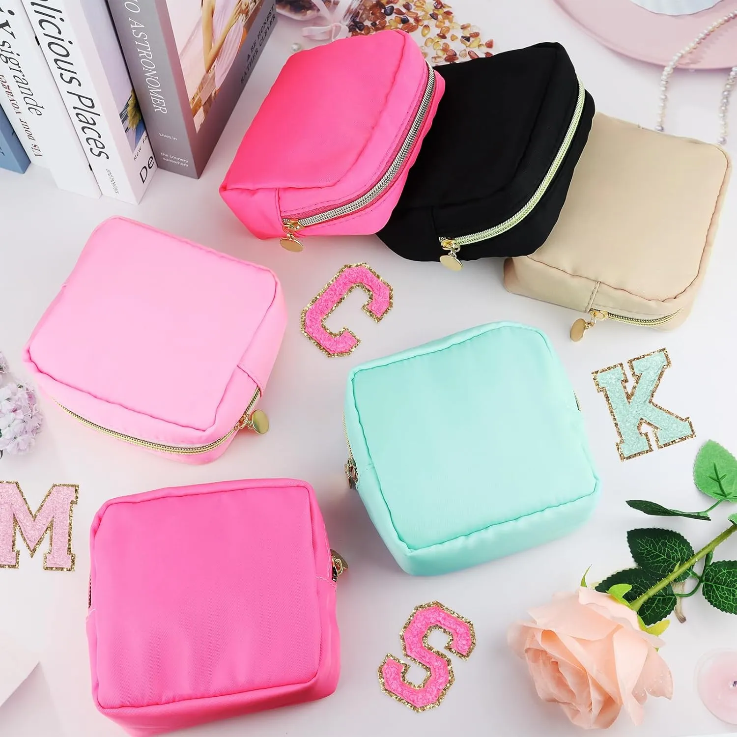 16 Pcs Mini Makeup Bags Bulk Nylon Cosmetic Bags Pouch for Purse Travel Bag Pouch Toiletry Organizer Pouches Bag for Women, Small Zipper Pouch Preppy Coin Purse for Custom Valentines Gifts