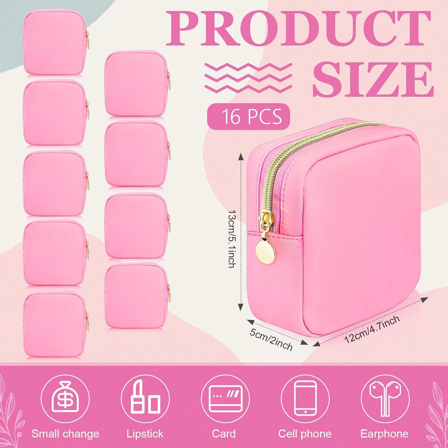 16 Pcs Mini Makeup Bags Bulk Nylon Cosmetic Bags Pouch for Purse Travel Bag Pouch Toiletry Organizer Pouches Bag for Women, Small Zipper Pouch Preppy Coin Purse for Custom Valentines Gifts