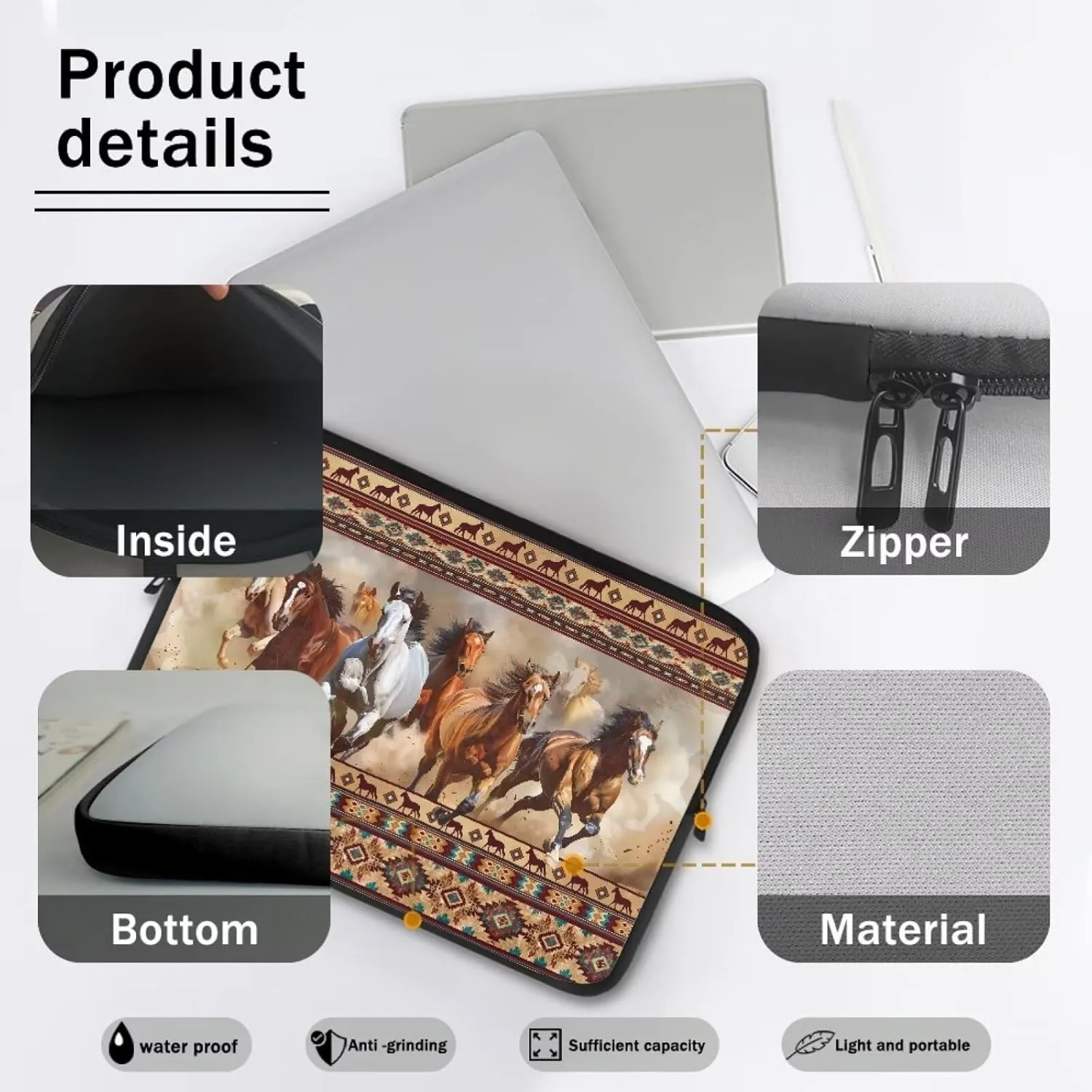 17 Inch Brown Horse Tribe Art Native American Geometric Print Computer Bag, Zip Laptop Protector Notebook Carrying Case Protective Computer Bags for Women Men College