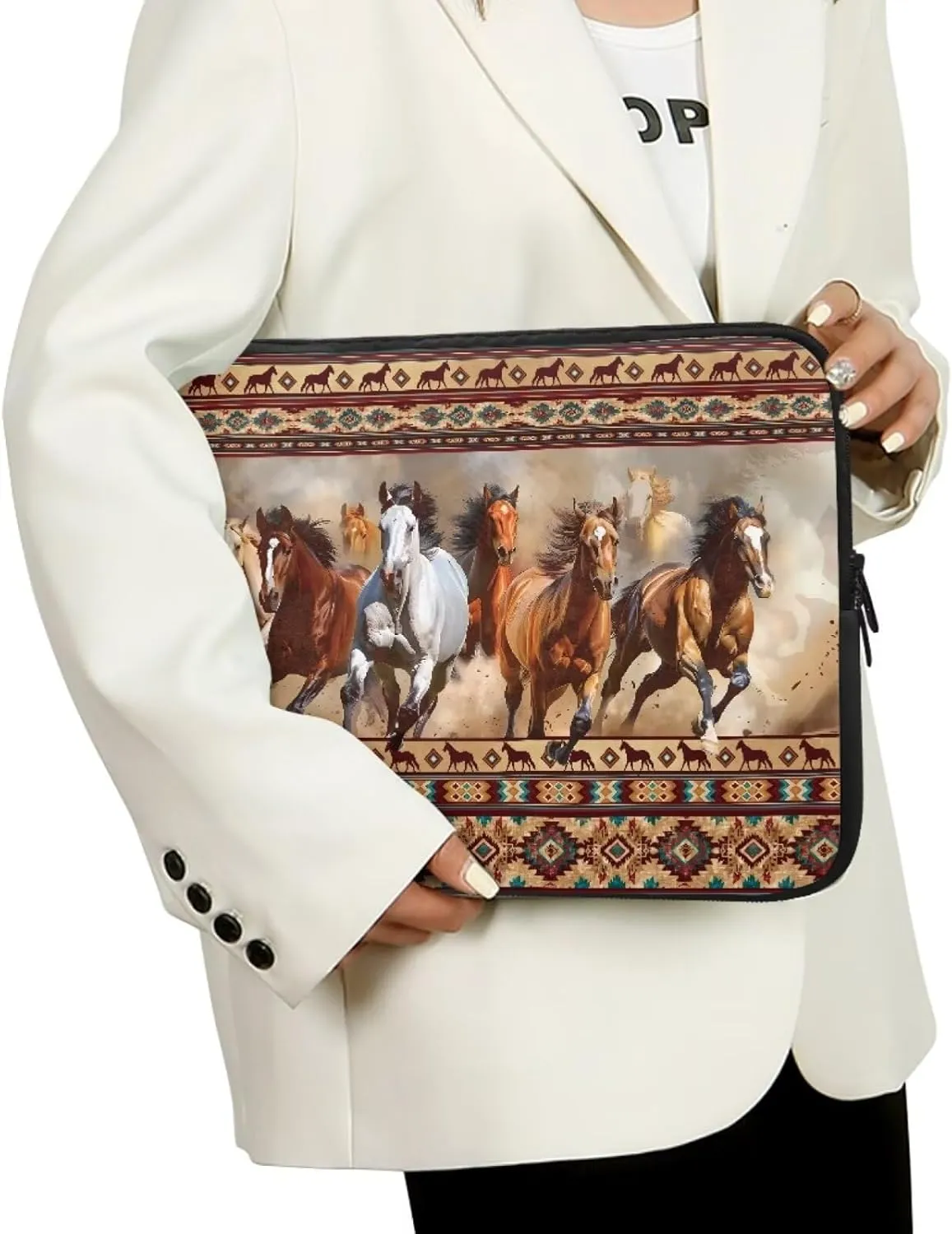 17 Inch Brown Horse Tribe Art Native American Geometric Print Computer Bag, Zip Laptop Protector Notebook Carrying Case Protective Computer Bags for Women Men College