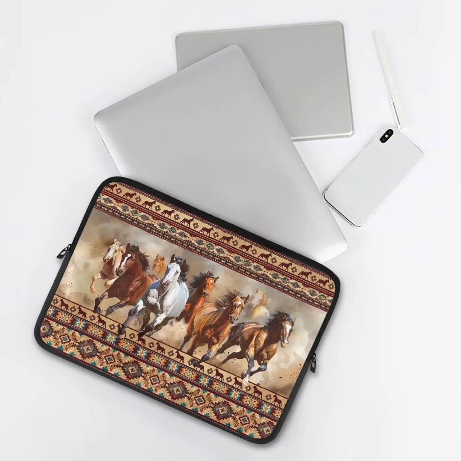 17 Inch Brown Horse Tribe Art Native American Geometric Print Computer Bag, Zip Laptop Protector Notebook Carrying Case Protective Computer Bags for Women Men College