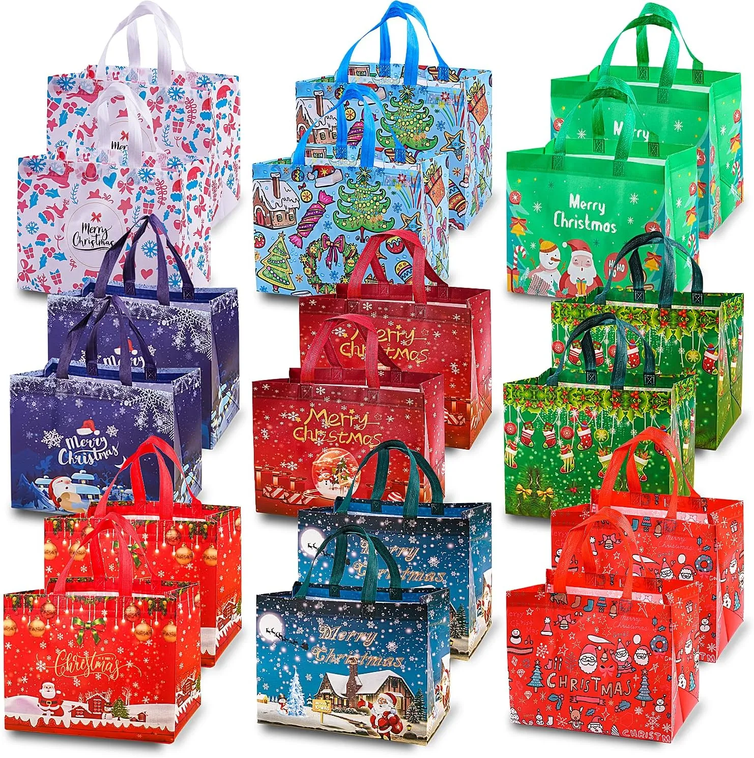 18Pcs Christmas Gift Bags, Christmas Tote Bags with Handles, Reusable Non-Woven Shopping Bags for Xmas Gifts Wrapping Holiday Party Supplies, 12.8"×9.8"×6.7"