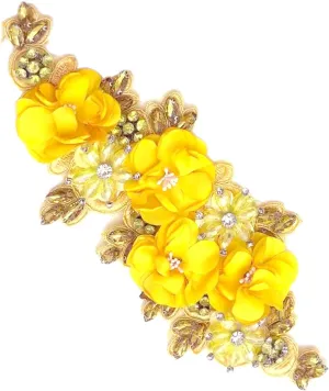 1pc Handmade Rhinestone Applique for Clothes, 3D Flower Fabric Patches for Wedding Dress, Bling Beaded Embroidery Lace Applique for Hat Hairband Sewing Embellishment (Gold)