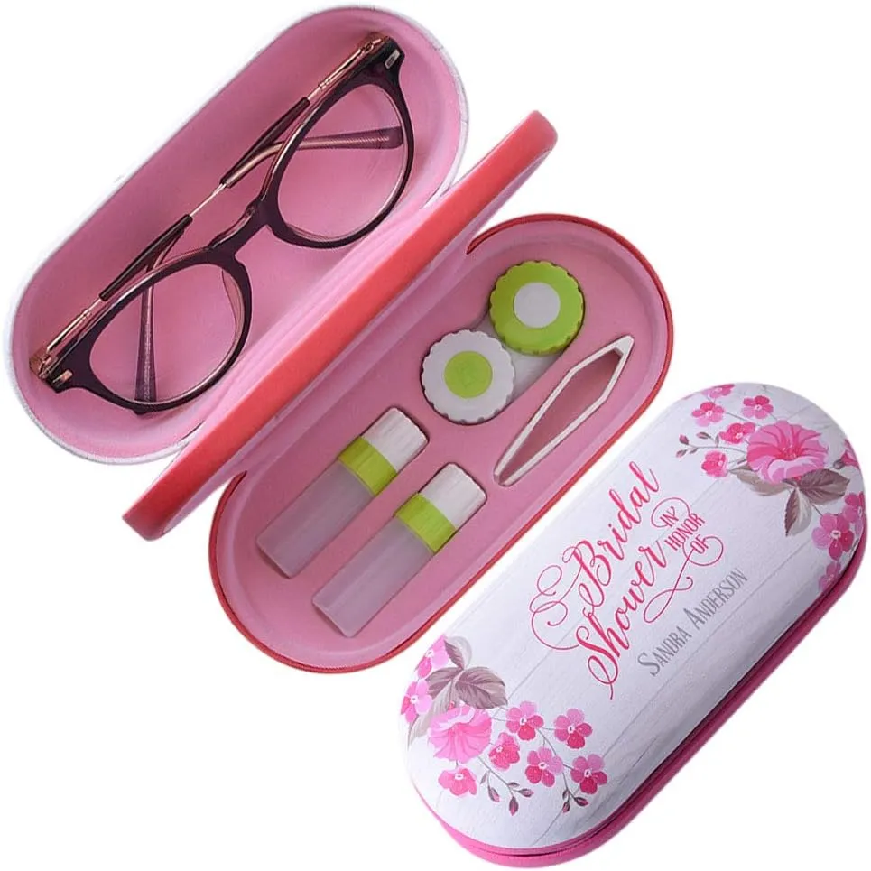 2-In-1 Glasses Case Len Case & Eye Glasses Double Layer Storage Case with Mirror - Fresh Creative Double Sided Portable Design Perfect for Home, Office and Travel (Pink)