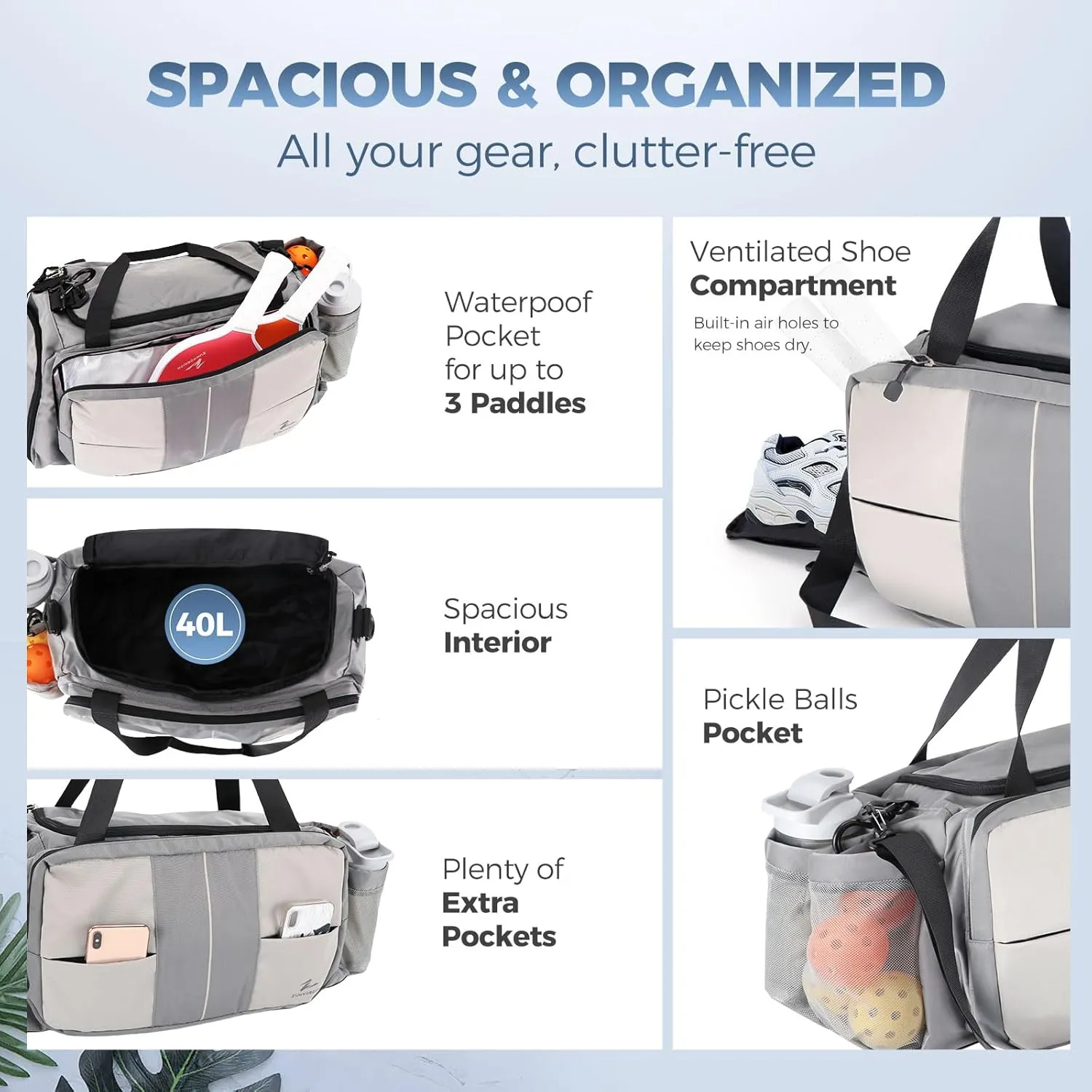 2-in-1 Pickleball & Gym Backpack - 40L Sports Duffle for Men & Women: Tote, Crossbody - Unisex Pickle Ball Bag Gifts: Sling Strap, Waterproof Compartments, Insulating Bag