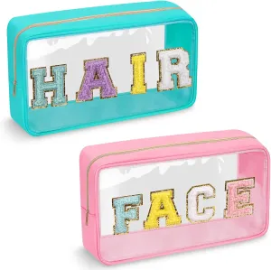 2 Pack Chenille Letter Clear Makeup Bags Face Hair Pouch, Preppy Patch Travel Face Bag Pink Clear Pouches With Zipper, Travel Hair Bags for Hair Stuff Waterproof Cosmetic Toiletry Storage(HAIR FACE)
