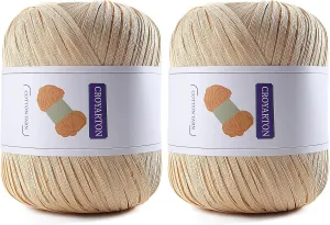 2 Pack Raffia Yarn for Crochet, Soft Cotton Yarn for Crocheting Summer Beach Bag/Hat, 228 Yards/3.52 Ounce Ribbon Paper Yarn for Beginners DIY Hand Knitting Handbag (Khaki)