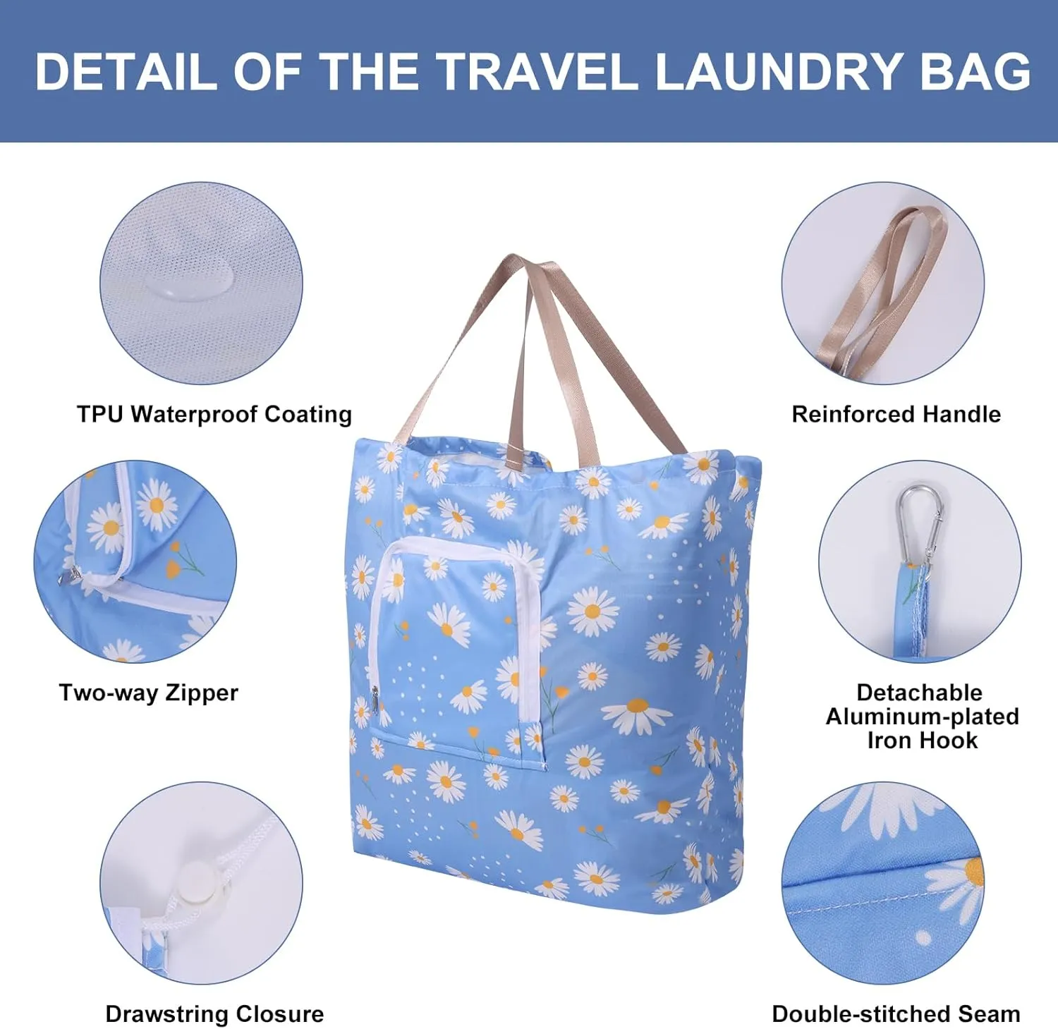 2 Pack Travel Laundry Bag with Handle and Drawstring, Expandable Foldable Dirty Clothes Bags with Hook and Zipper, 23*20 inch, Cartoon 2 Blue   Pink