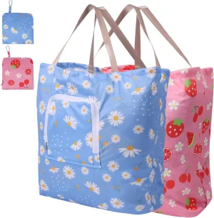 2 Pack Travel Laundry Bag with Handle and Drawstring, Expandable Foldable Dirty Clothes Bags with Hook and Zipper, 23*20 inch, Cartoon 2 Blue   Pink