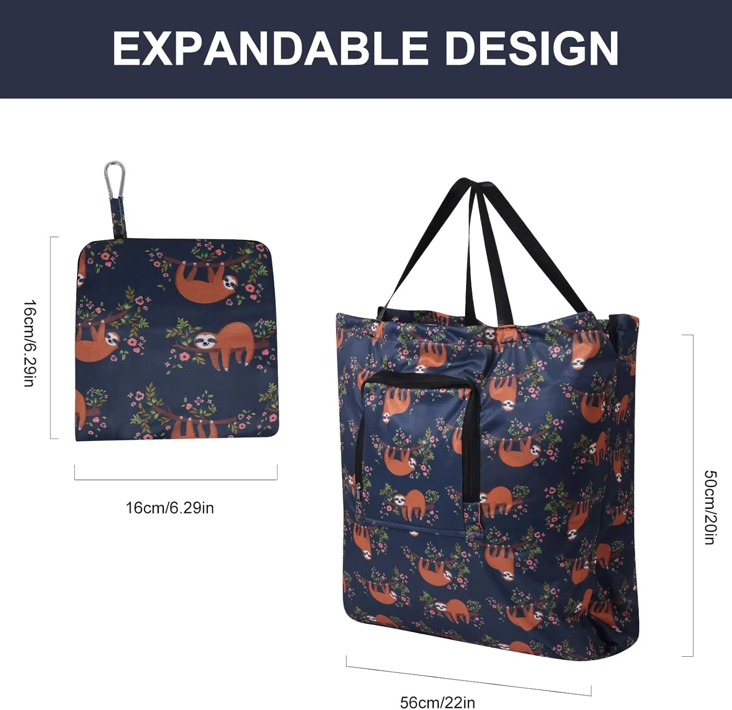 2 Pack Travel Laundry Bag with Handle and Drawstring, Expandable Foldable Dirty Clothes Bags with Hook and Zipper, 23*20 inch, Panda & Sloth