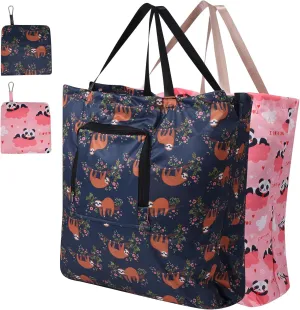 2 Pack Travel Laundry Bag with Handle and Drawstring, Expandable Foldable Dirty Clothes Bags with Hook and Zipper, 23*20 inch, Panda & Sloth