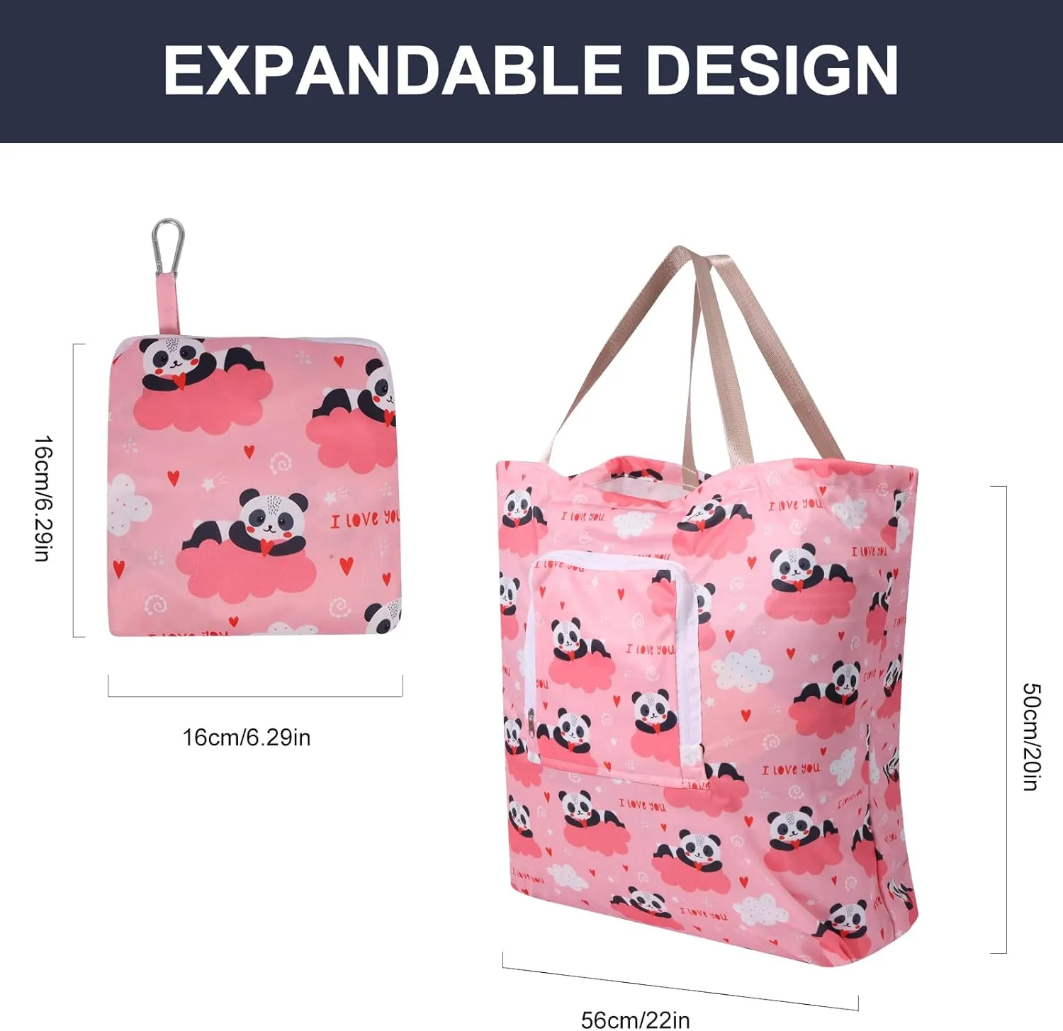 2 Pack Travel Laundry Bag with Handle and Drawstring, Expandable Foldable Dirty Clothes Bags with Hook and Zipper, 23*20 inch, Panda & Sloth