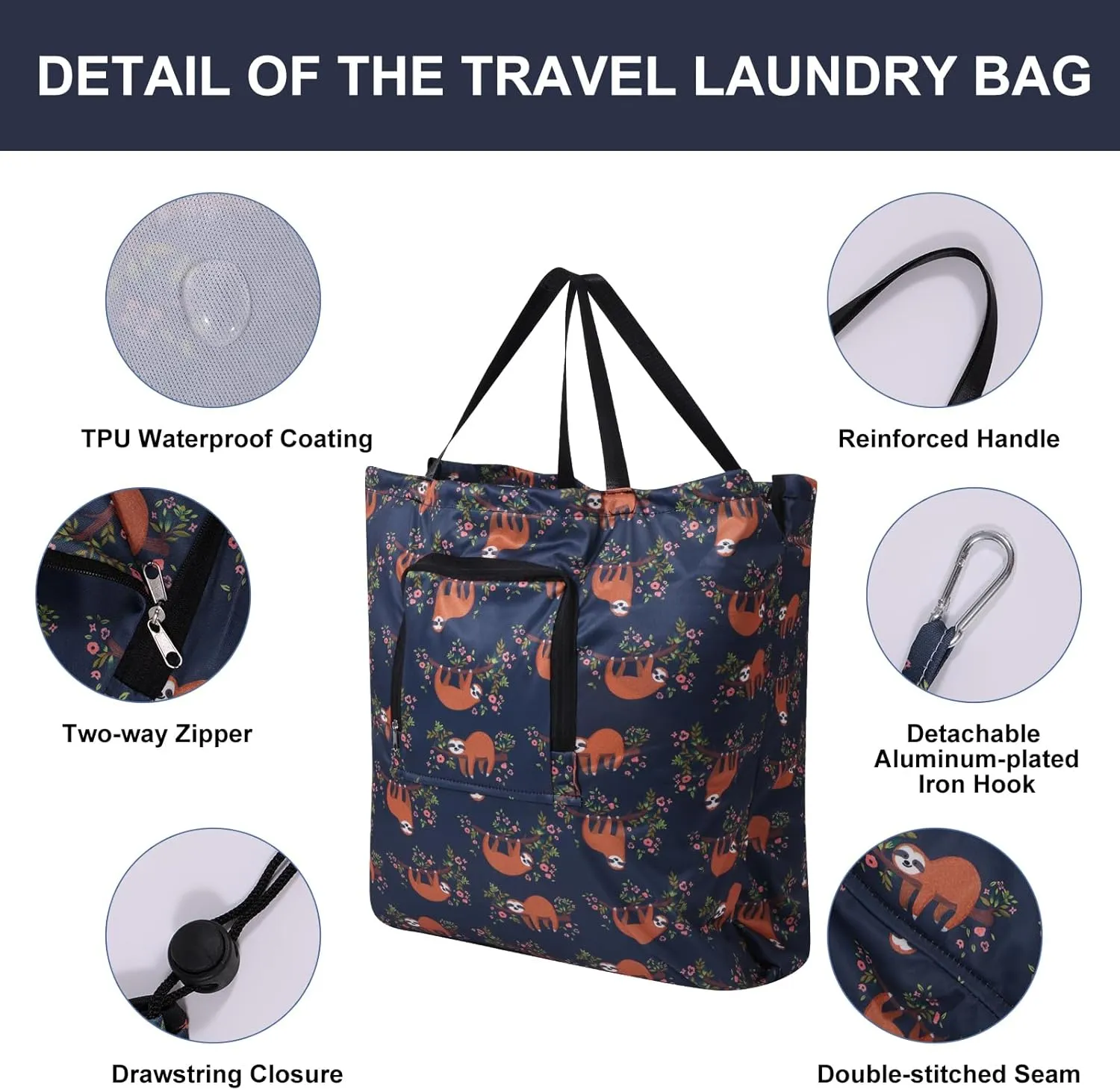 2 Pack Travel Laundry Bag with Handle and Drawstring, Expandable Foldable Dirty Clothes Bags with Hook and Zipper, 23*20 inch, Panda & Sloth