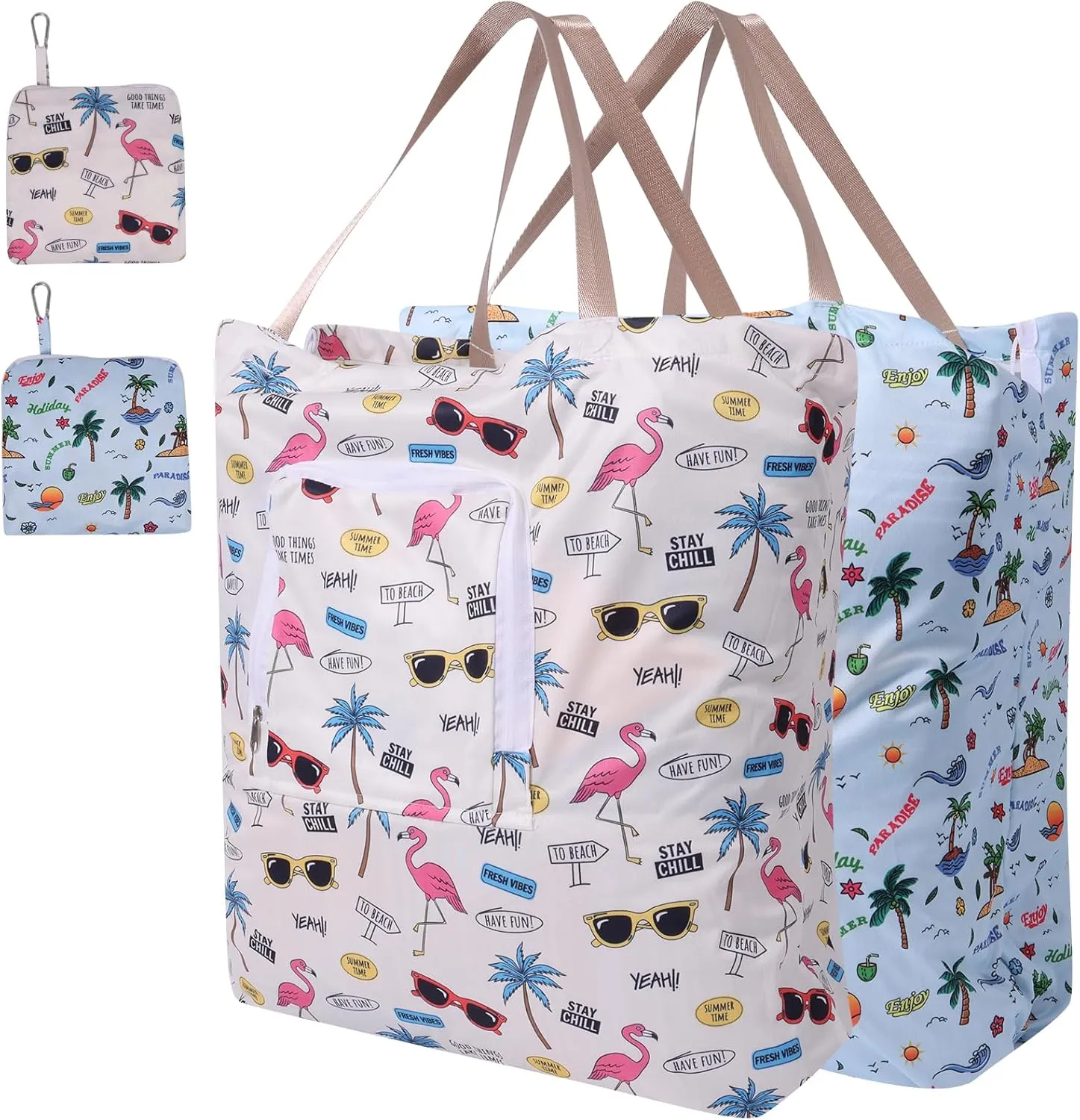 2 Pack Travel Laundry Bag with Handle and Drawstring, Expandable Foldable Dirty Clothes Bags with Hook and Zipper, 23*20 inch, Vacation