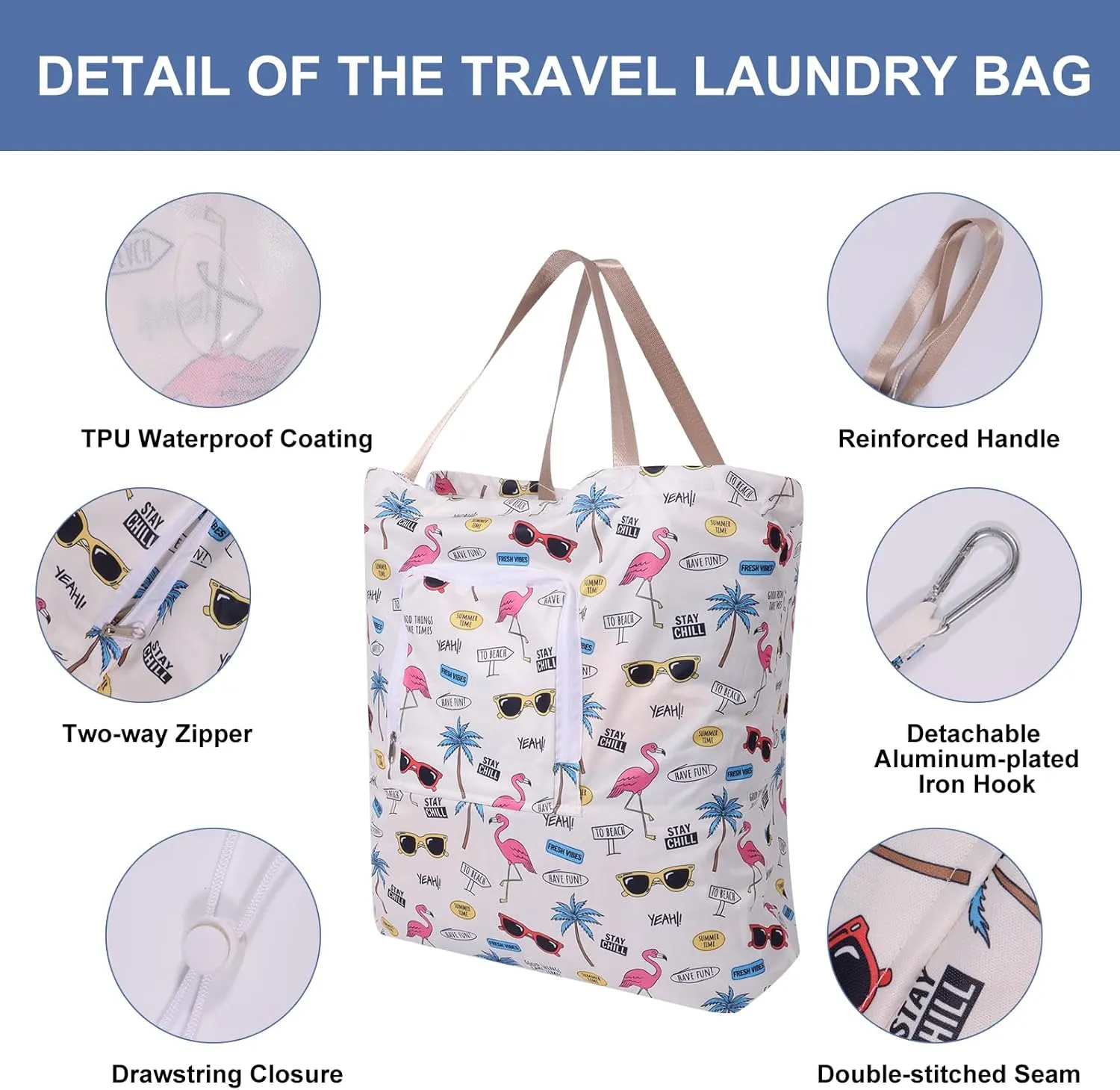 2 Pack Travel Laundry Bag with Handle and Drawstring, Expandable Foldable Dirty Clothes Bags with Hook and Zipper, 23*20 inch, Vacation