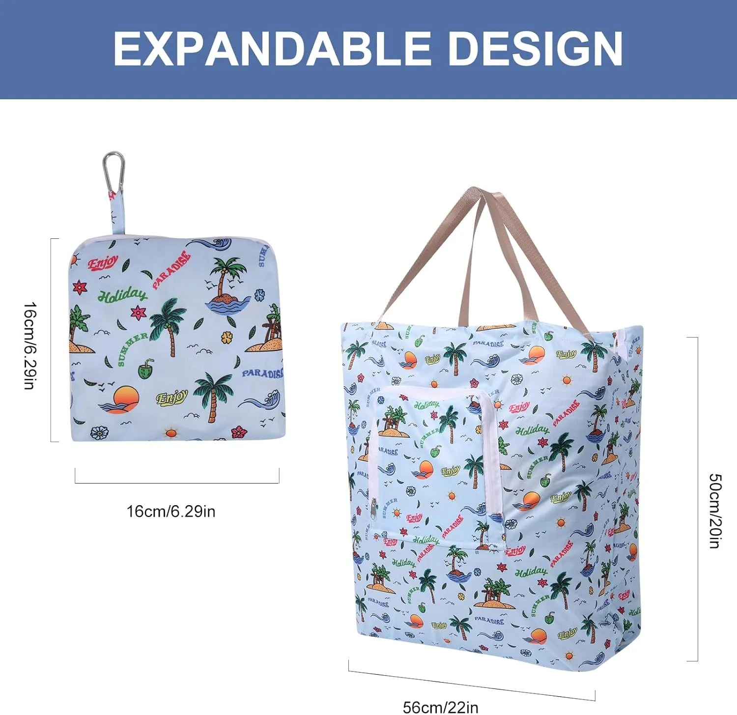 2 Pack Travel Laundry Bag with Handle and Drawstring, Expandable Foldable Dirty Clothes Bags with Hook and Zipper, 23*20 inch, Vacation