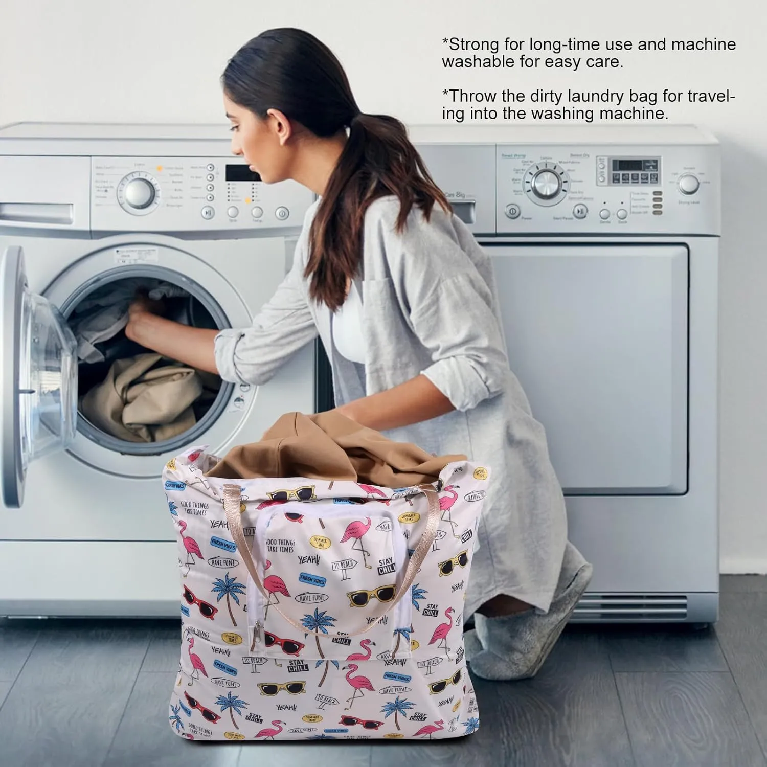 2 Pack Travel Laundry Bag with Handle and Drawstring, Expandable Foldable Dirty Clothes Bags with Hook and Zipper, 23*20 inch, Vacation