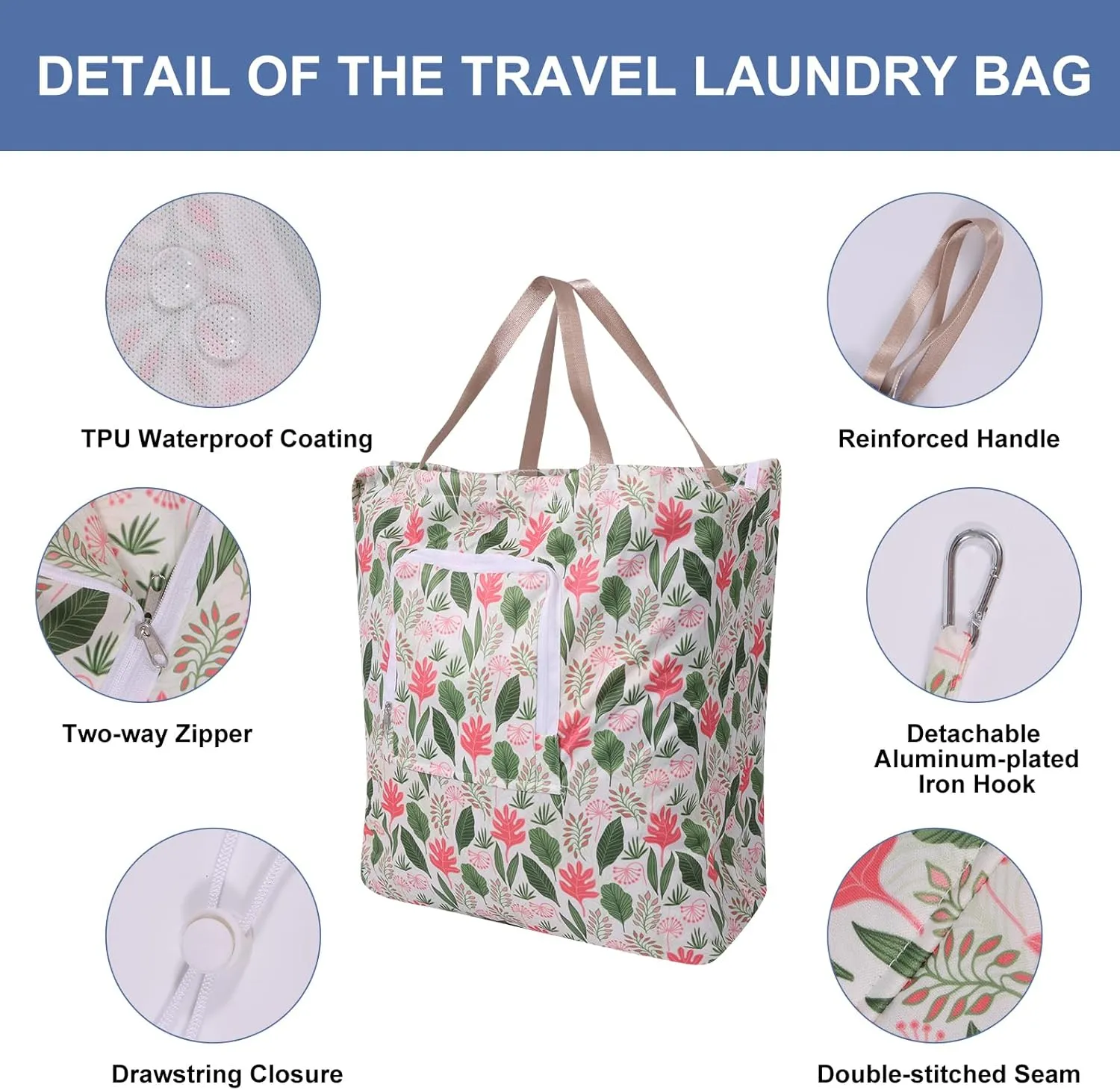 2 Pack Travel Laundry Bag with Handle and Drawstring, Expandable Foldable Dirty Clothes Bags with Hook and Zipper, Lightweight Waterproof Laundry Hamper Liner for Travel, Home, College Dorm,