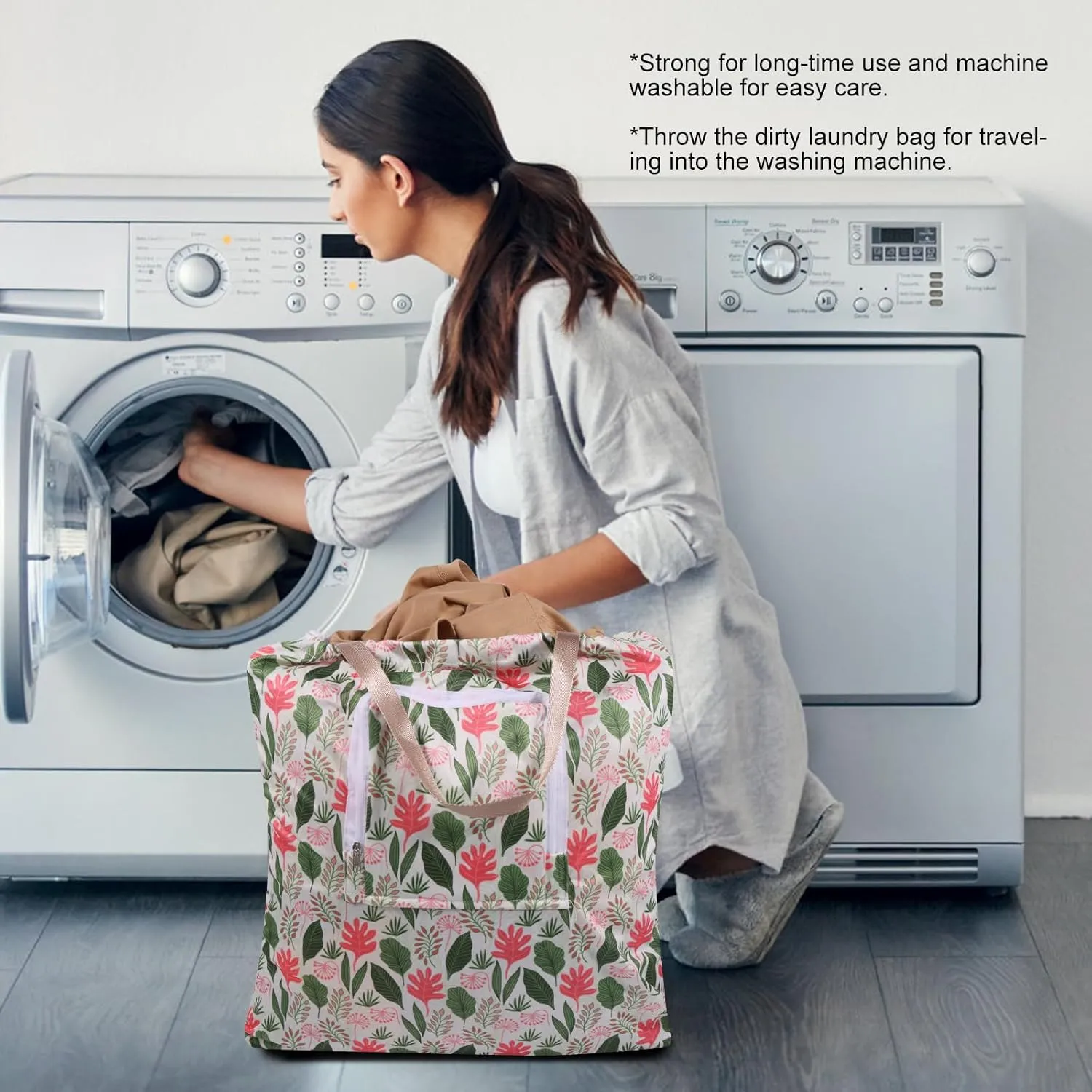 2 Pack Travel Laundry Bag with Handle and Drawstring, Expandable Foldable Dirty Clothes Bags with Hook and Zipper, Lightweight Waterproof Laundry Hamper Liner for Travel, Home, College Dorm,
