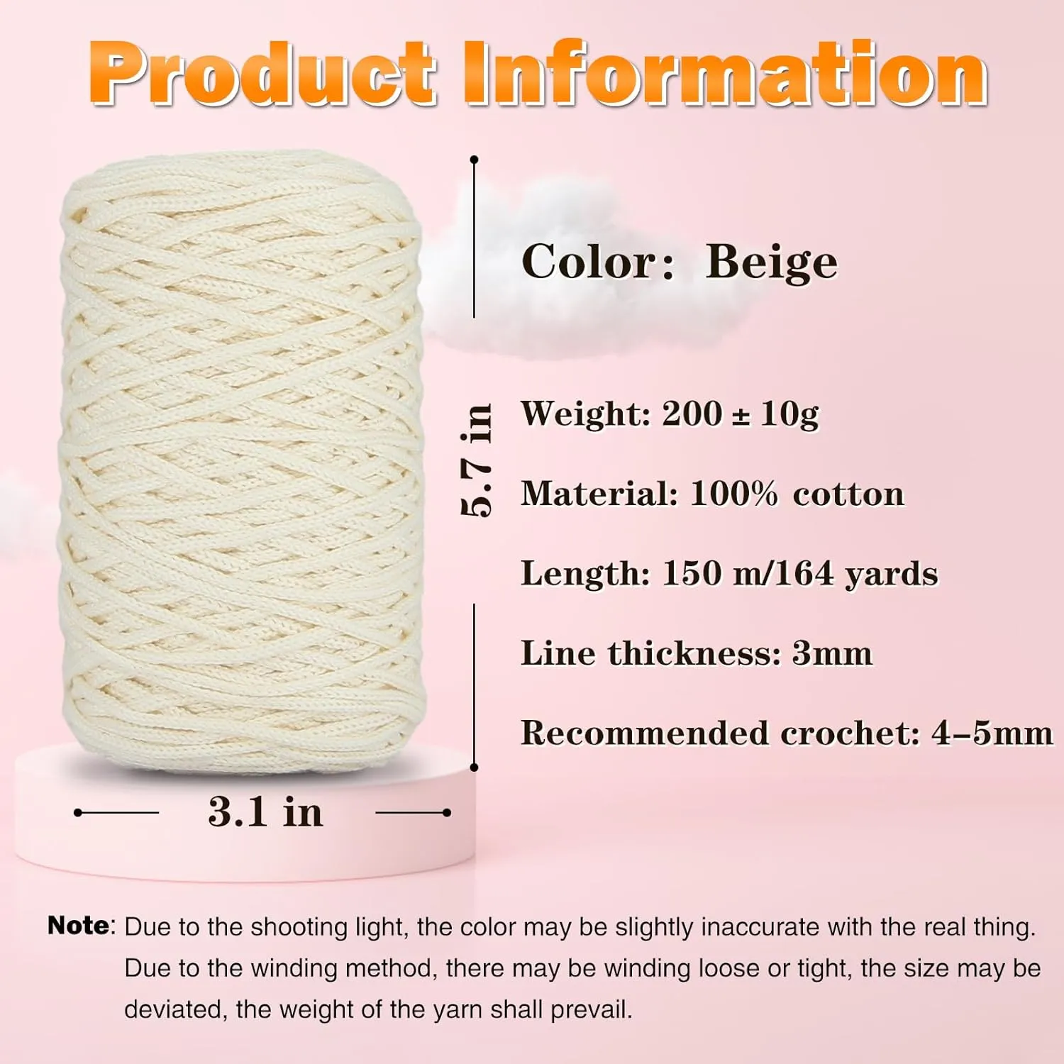 2 PCS 400g Beige 100% Cotton Yarn Hollow Knitted Crochet Yarn,328 Yards Fabric Yarn Round Rope Yarn for DIY Handbag Purse Basket Cushion Crochet Bag