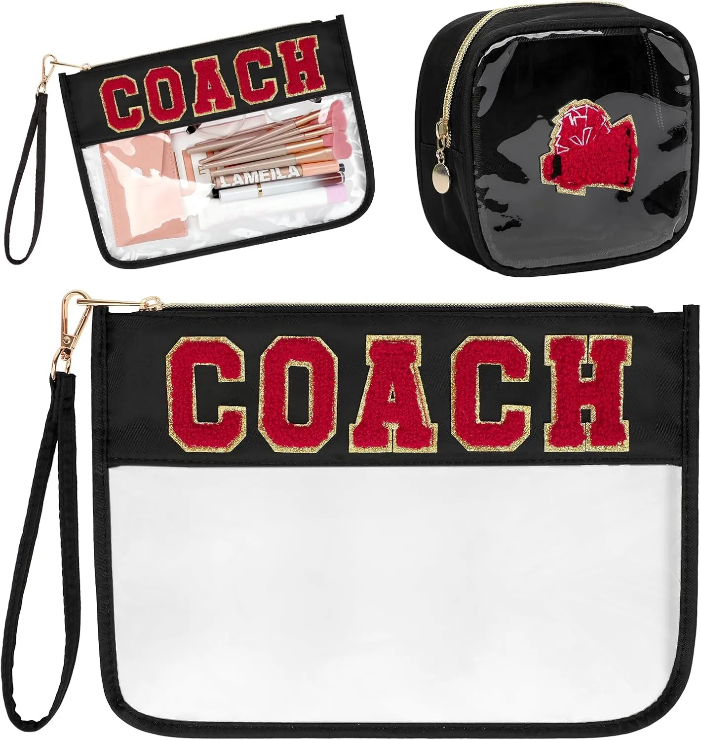 2 Pcs Chenille Letter Nylon Clear Zipper Pouch for Travel Coach Makeup Bag Waterproof Cosmetic Bags Multipurpose Cosmetic Bag for Women (Black-Coach)