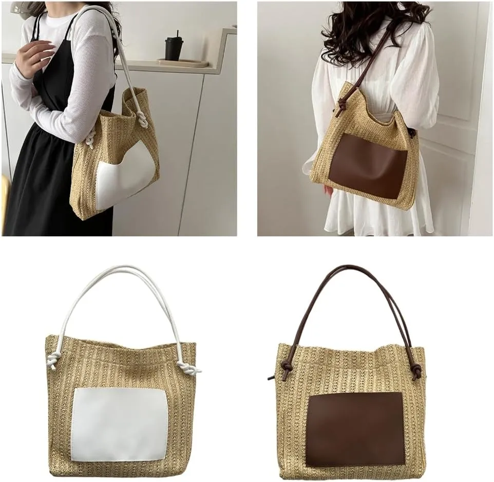 2024 Woven Bags Fashion Straw Weave Bucket Bags Large Capacity Bag Casual Handbag Shoulder Bag for Women Girl