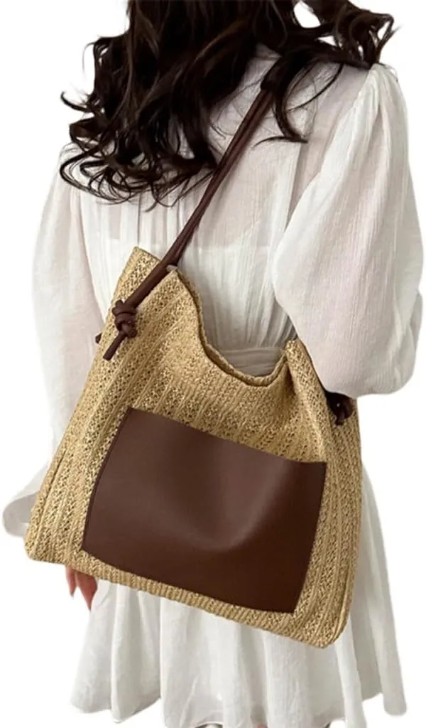 2024 Woven Bags Fashion Straw Weave Bucket Bags Large Capacity Bag Casual Handbag Shoulder Bag for Women Girl