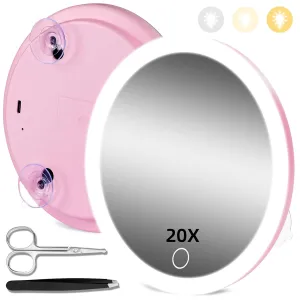 20X Concave Magnifying Mirror with Lights, 3 Color Lighting Adjustable Brightness, 6inch Travel Magnified Mirror with Suction Cups, Large 20x High Makeup Magnification and Tweezers